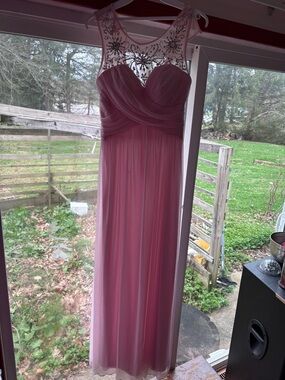Fiesta Pink Beaded Illusion Yoke Evening Gown